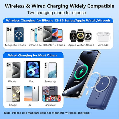 Magnetic Portable Charger for iPhone,10800mAh 4-in-1 Power Bank with iWatch Charger,25W PD Fast Charging Battery Pack for Magsafe,iPhone 17/16/15/14/13/12 Series,Apple Watch,Travel Essential,Blue