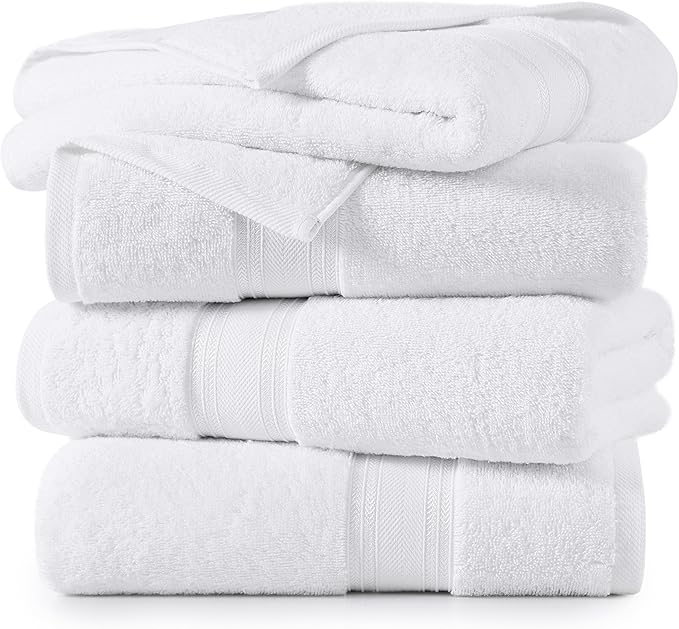 LANE LINEN 100% Cotton 4 Pack Bath Towels (28"x54") - Zero Twist, Cotton - Large Towels for Bathroom - Quick Drying, Highly Soft & Absorbent Shower Towel Set - Hotel & Spa Quality - White Towel Set