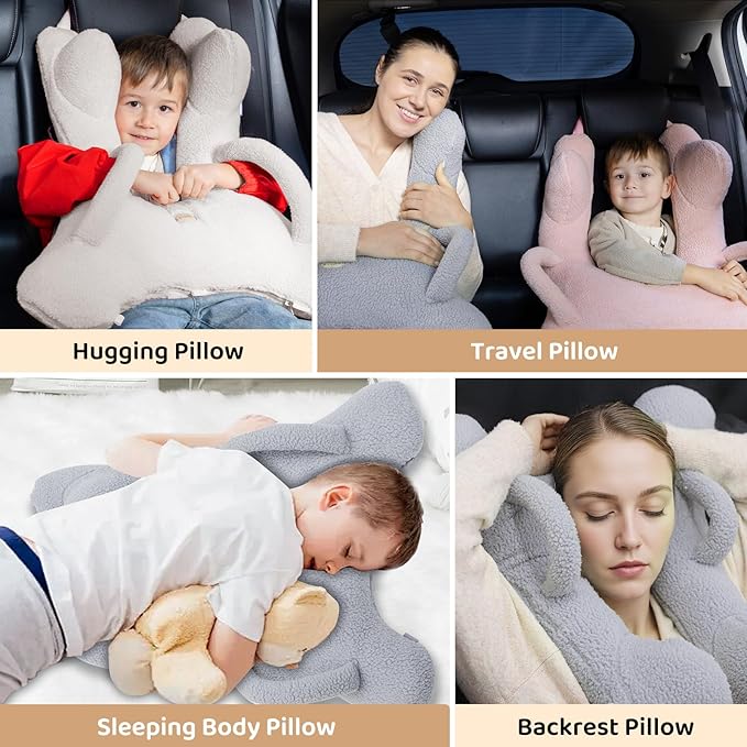 FLORICH Kids Travel Pillow, Car Sleeping Travel Pillow for Kids, Removable H-Shaped Pillow for Adults and Children to Support Head and Body Road Trips with Neck Pillow and Blanket (Grey)
