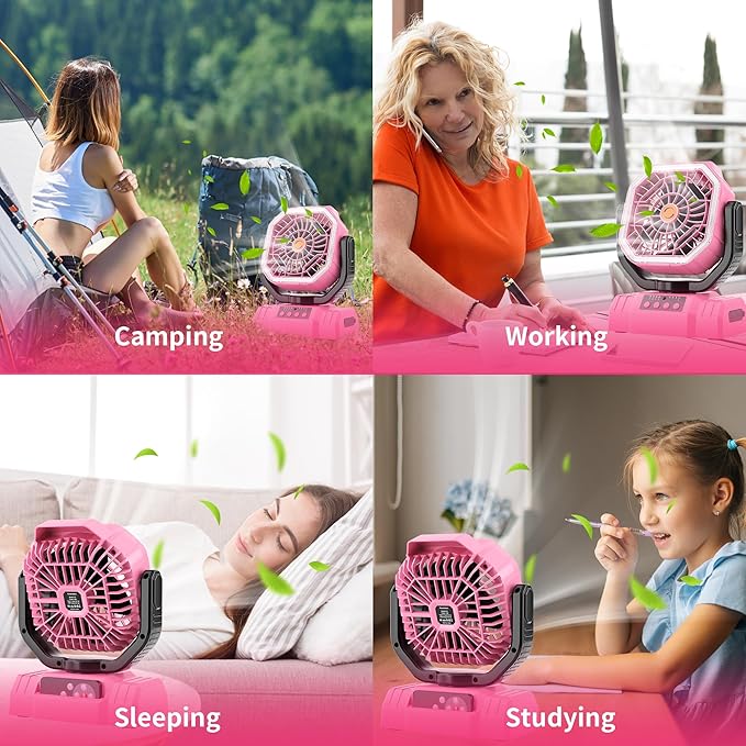 AVV 20000mAh High Speed Portable Camping Rechargeable Fan with Remote Control, Battery Powered with Auto Oscillating with Camping Essentials Accessories for Outdoor, Beach, Patio, Tent, Pink