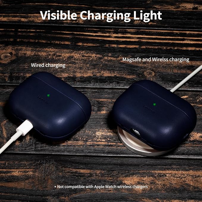 Belemay Handcrafted Full-Grain Vegetable-Tanned Leather Case for AirPods Pro 3rd Gen (2025), Classy Two-Tone Effect, Natural Patina, Compatible with MagSafe, Compatible with Airpods Pro 3, Navy Blue