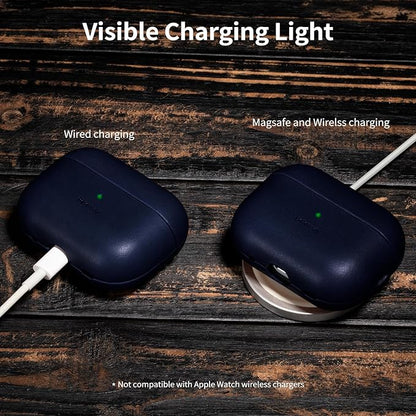 Belemay Handcrafted Full-Grain Vegetable-Tanned Leather Case for AirPods Pro 3rd Gen (2025), Classy Two-Tone Effect, Natural Patina, Compatible with MagSafe, Compatible with Airpods Pro 3, Navy Blue