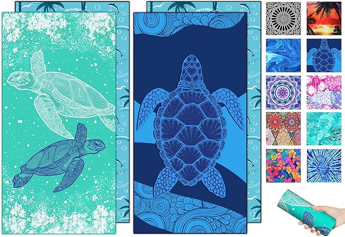 2 Packs Sand Proof Microfiber Beach Towels Adult –Quick Fast Dry Beach Oversized Accessories for Travel Swim Pool Yoga Camping Blanket Essentials Lightweight Must Haves Items Women Gifts Blue Turtles