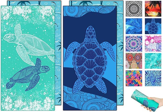 2 Packs Sand Proof Microfiber Beach Towels Adult –Quick Fast Dry Beach Oversized Accessories for Travel Swim Pool Yoga Camping Blanket Essentials Lightweight Must Haves Items Women Gifts Blue Turtles