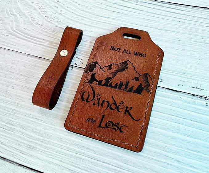 Mayan Corner - Handcrafted Brown Leather Luggage Tag with Adventure Quote, Decorative Stitching