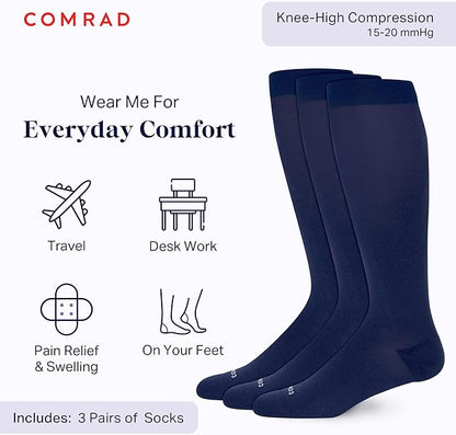 Comrad Nylon Knee High Socks - 15-20mmHg Graduated Compression Socks - Soft & Breathable Support Unisex Socks