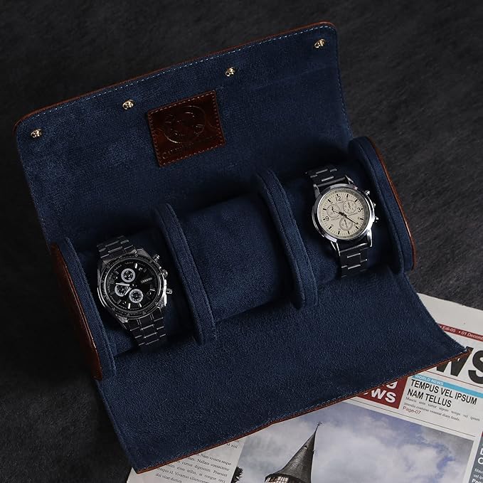 Genuine Napa Leather Watch Roll Travel Case for 3 Watches - Travel Watch Rolls and Leather Watch Display Cases with Velvet Interior - Watch Storage Organizer Men's