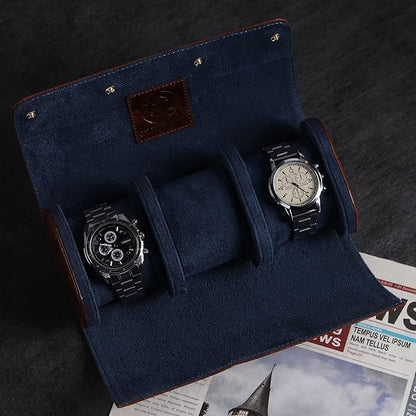 Genuine Napa Leather Watch Roll Travel Case for 3 Watches - Travel Watch Rolls and Leather Watch Display Cases with Velvet Interior - Watch Storage Organizer Men's