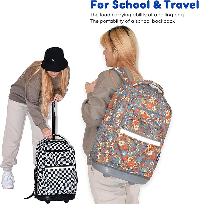 J World Sundance Laptop Rolling Backpack for Girls Boys. Roller Bookbag with Wheels, Lavender Checkers