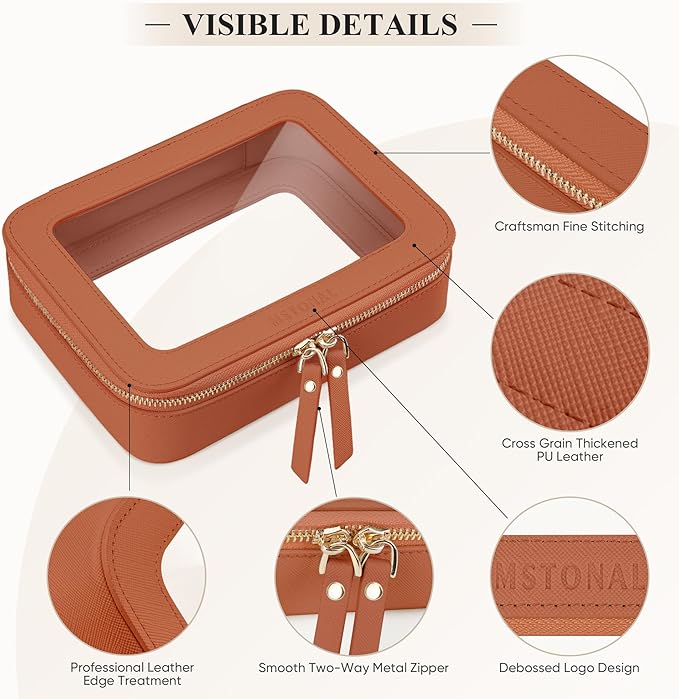 Clear Makeup Bag, Travel Toiletry Bag Cosmetic Case for Women, Waterproof Portable Make Up Skincare Pouch with Zipper, Compact Car Organizer Bag for Essentials, Mini & Medium, Brown