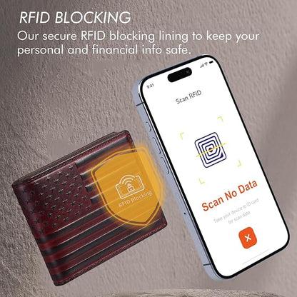 Full Grain Leather Wallet for Men, RFID Blocking, Mens Wallet Bifold with 2 ID Windows, Billfold with 13 Card Slots, Leather Gift for Men, American Flag Wallet Red