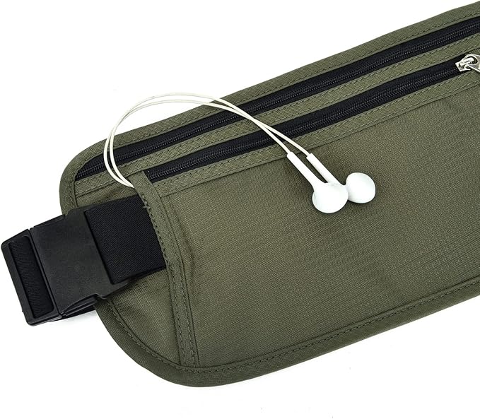 RFID Blocking Money Belt for Men Women, Slim Fanny Pack for Travel，Running,Conceal Waist Wallet for Passport Holder,Phone,Cash(Black Dark Olive Green)