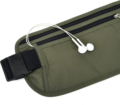 RFID Blocking Money Belt for Men Women, Slim Fanny Pack for Travel，Running,Conceal Waist Wallet for Passport Holder,Phone,Cash(Black Dark Olive Green)
