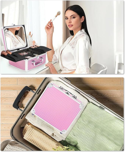 Relavel Makeup Bag with LED Mirror, Makeup Box Travel Train Case with Rechargeable Lighted Mirror, Cosmetic Brush Organizer Storage for Makeup Artists Gifts for Women and Girls, Pink