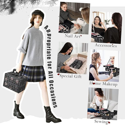 Joligrace Makeup Train Case Portable Makeup Case Organizer 2 Trays Cosmetic Box Storage with Mirror Lockable with Key for Cosmetics Nail Tech Traveling Makeup Travel Box Punk Love Hearts