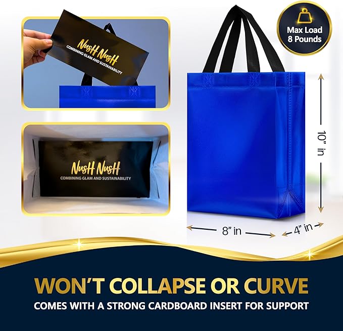 Nush Nush Shiny Blue Gift Bags Bulk Medium Size – Set of 60 Reusable Gift Bags With Handles - Ideal for Party Favors, Goodies, Birthday Parties, Small Business, Christmas and Holidays – 8Wx4Dx10H