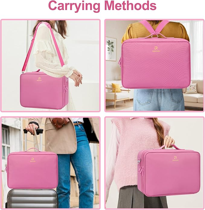 Relavel Makeup Case Large Makeup Bag Professional Train Case Travel Cosmetic Organizer Brush Holder Waterproof Makeup Artist Storage Box, 3 Layer Large Capacity, with Adjustable Strap, Rose Pink