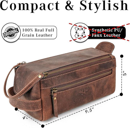 LUXEORIA Genuine Leather Toiletry Bags for Men and Women, Handmade Premium Leather Dopp Kit and Shaving Bag, Cosmetic Bag for Womens and Mens, Travel Essentials & Organizers