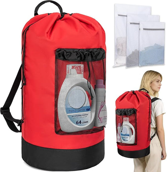 Laundry Bag Backpack with 3 Sizes Mesh Wash Bags and Shoulder Straps Foldable Clothes Hamper Bag with Drawstring Closure for College, Apartment, Laundromat (Red)