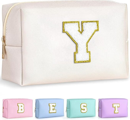 TOPEAST Preppy Makeup Bag, Small Cosmetic Travel Bags for Women, PU Leather Waterproof Toiletry Bag with Zipper, Personalized Birthday Gift for Women Girl, Preppy Gifts for Girl (White Y)