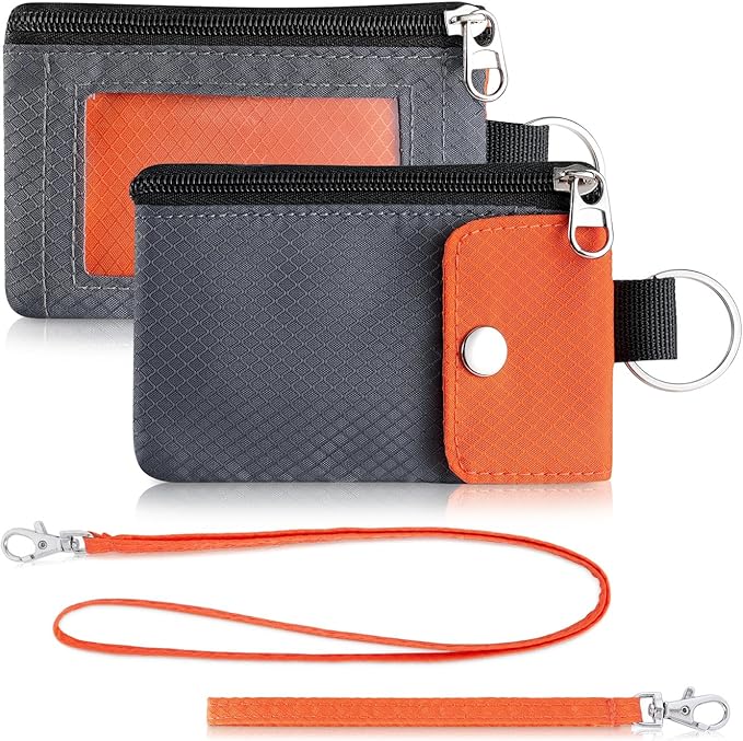 Minimalist Wallet For Mens Womens, Keychain RFID Blocking Zipper Small Wallet with ID Window 2 Lanyards,Water Resistant Travel Cash Card Coin Case Boys Girls