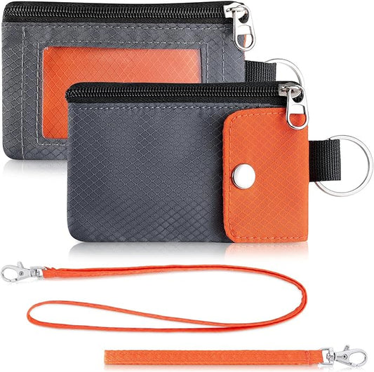 Minimalist Wallet For Mens Womens, Keychain RFID Blocking Zipper Small Wallet with ID Window 2 Lanyards,Water Resistant Travel Cash Card Coin Case Boys Girls