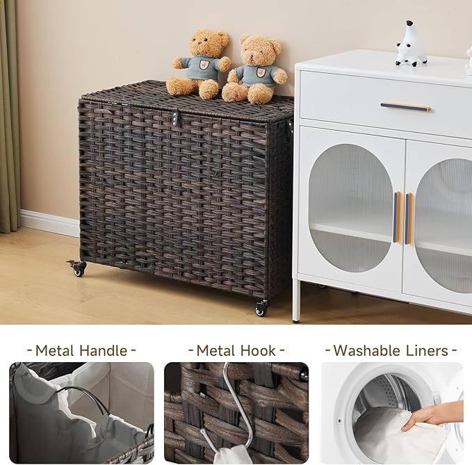 Laundry Hamper with Wheels, 52.8 Gallon(200L) Rolling Laundry Basket with Lid, Removable Large 3 Color Liners & 3 Mesh Laundry Bags, Clothes Hamper with Side Pocket, Brown