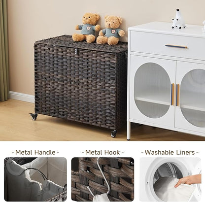 Laundry Hamper with Wheels, 52.8 Gallon(200L) Rolling Laundry Basket with Lid, Removable Large 3 Color Liners & 3 Mesh Laundry Bags, Clothes Hamper with Side Pocket, Brown