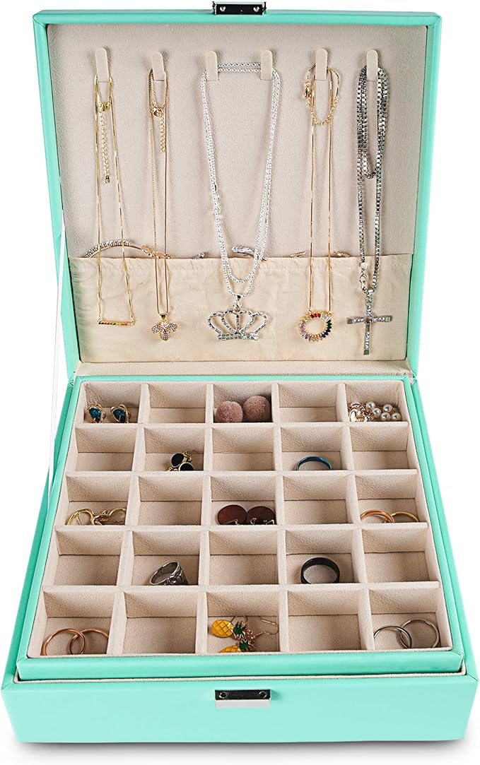 Frebeauty Earring Organizer Classic Jewelry Box 50 Slots Double Layer Jewelry Storage Case with 6 Necklace Hook and Bracelet Pocket(Turquoise)