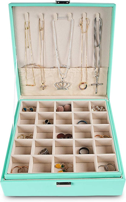 Frebeauty Earring Organizer Classic Jewelry Box 50 Slots Double Layer Jewelry Storage Case with 6 Necklace Hook and Bracelet Pocket(Turquoise)