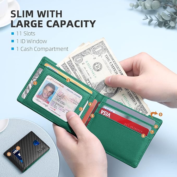 Zitahli Wallet for Men Slim 11 Credit Card Holder RFID Blocking Small Men's Wallet Bifold Minimalist Front Pocket With Mens Gifts Box