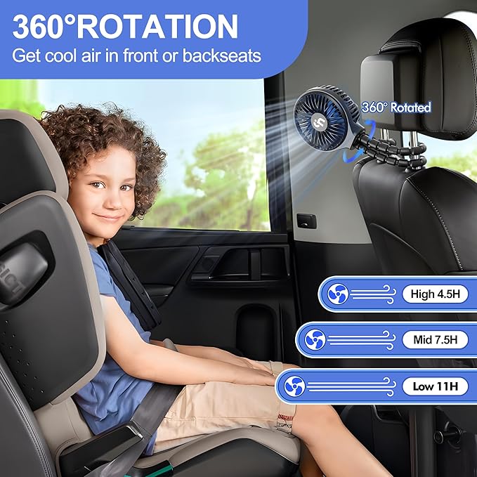 WiHoo Portable Stroller Fan, 11H Ultra-long Battery Life 3 Speed 360°Rotate, USB Rechargeable or Battery Operated Cooling Clip On Personal Fan for Baby Crib Travel Car Seat Black