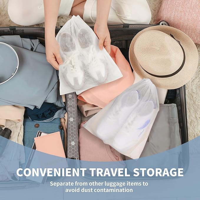 200 Pcs Dust Proof Shoe Bag, Non Woven Shoe Storage Bags for Men and Women, Drawstring White Shoes Pouch Storage for Travel (12.8 x 18.9 Inch)