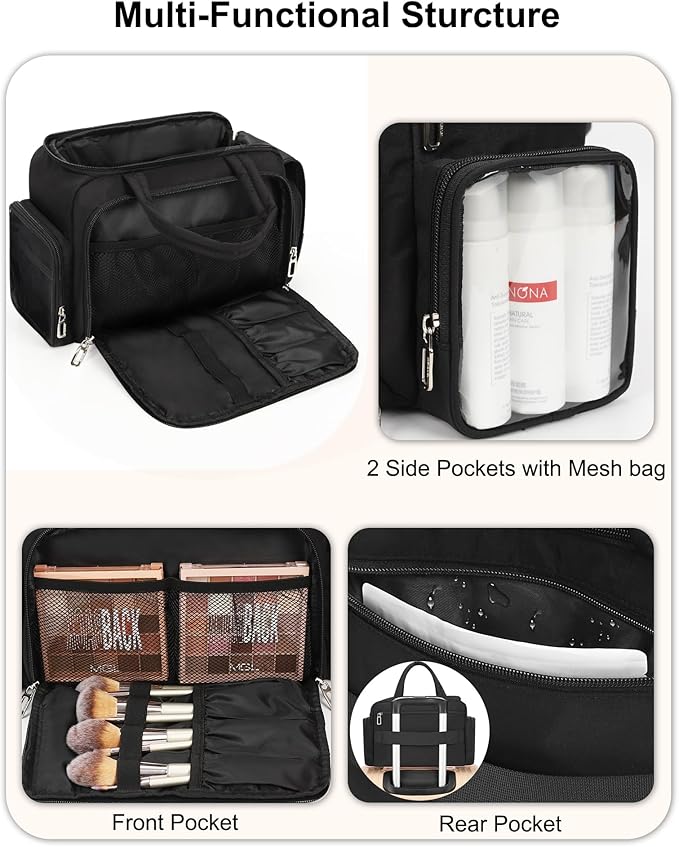 Travel Makeup Bag, Lightweight Wide-open Toiletry Bag for Women, Portable Cosmetic Bag Organizer with Handle for Accessories, Brushes Set, Travel-Sized Container for Trip, Camping - Black