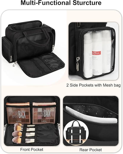 Travel Makeup Bag, Lightweight Wide-open Toiletry Bag for Women, Portable Cosmetic Bag Organizer with Handle for Accessories, Brushes Set, Travel-Sized Container for Trip, Camping - Black
