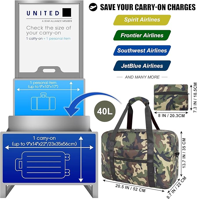 Foldable Travel Duffle Bag, Airlines Approved Carry On Bag Weekender Overnight Bag for Men Women, 40L (Green cmo)