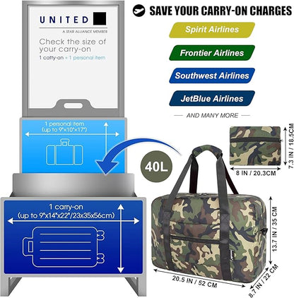 Foldable Travel Duffle Bag, Airlines Approved Carry On Bag Weekender Overnight Bag for Men Women, 40L (Green cmo)