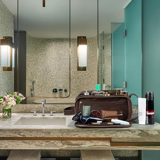 Elviros Toiletry Bag for Men, Large Travel Shaving Dopp Kit Water-resistant Bathroom Toiletries Organizer PU Leather Cosmetic Bags Fathers Day Gift (Medium, Chocolate)