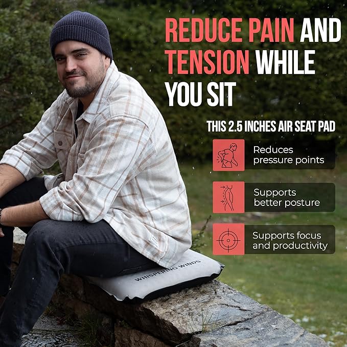 Whispering Winds Inflatable Seat Cushion - Comfortable Blow-up Foam Pad for Airplane, Travel, Stadium, Outdoors, Camping, Car & More