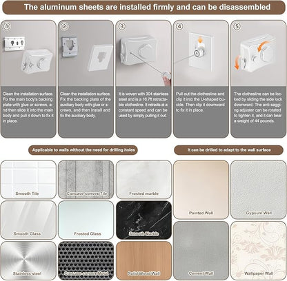 Retractable Clothesline for Outdoor & Indoor Use, 16.73 Ft Heavy Duty Retracting Clothes Line with Single Stainless Steel Rope - Laundry Drying Rack for Bathroom, Outside Areas (White)