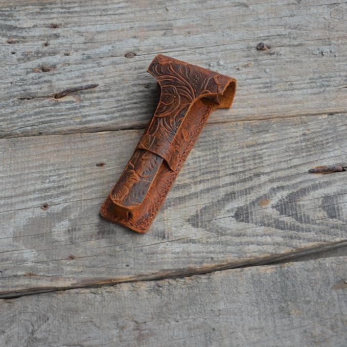 JJNUSA Handmade Sleeve Travel Pouch Leather Safety Razor Case, Double Edge Razor 4.5", Old Fashioned Razor Sleeve Shaving Accessories Men's Shaving Razor Flower Brown