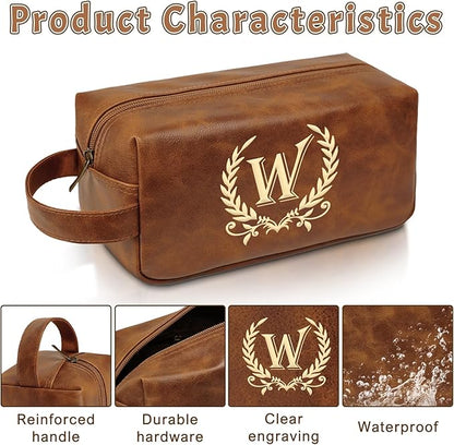 Personalized Travel Toiletry Bag Engraved Letter Leather Kit, Shaving Bag for Toiletries Accessories, Gifts for Men - DarkBrown(W)