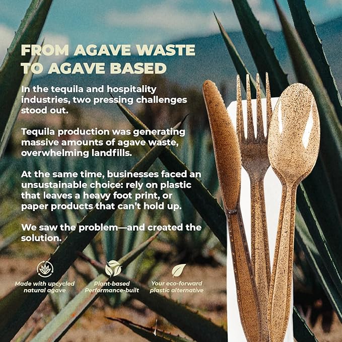 Sustainable Agave Co - Agave Fiber Cutlery Set - 24 Biofilm Wrapped Sets / 72 pcs - Plant-Based, Made With Upcycled Materials - Bulk Brown Forks, Knives Spoons & Napkin Variety Pack