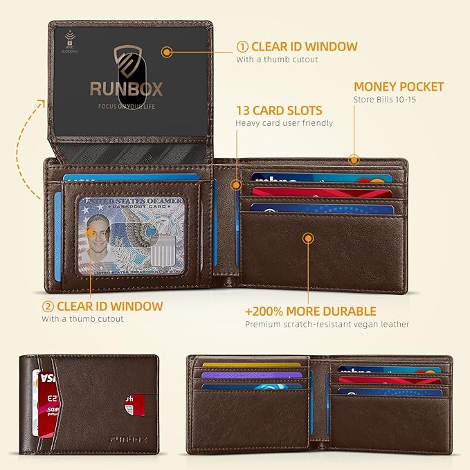 RUNBOX Wallet for Men Slim Rfid Leather 2 ID Window With Gift Box