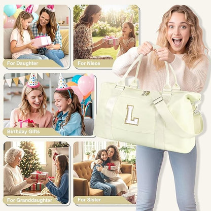 Dance Gym Duffel Bag for Teen Girls, Personalized Initial Travel Weekender Bag,Cute Overnight Carry On Duffle for Women,Sports Travel Cheer Bag,Monogram Christmas Gifts for Tween Preppy(beige-L)