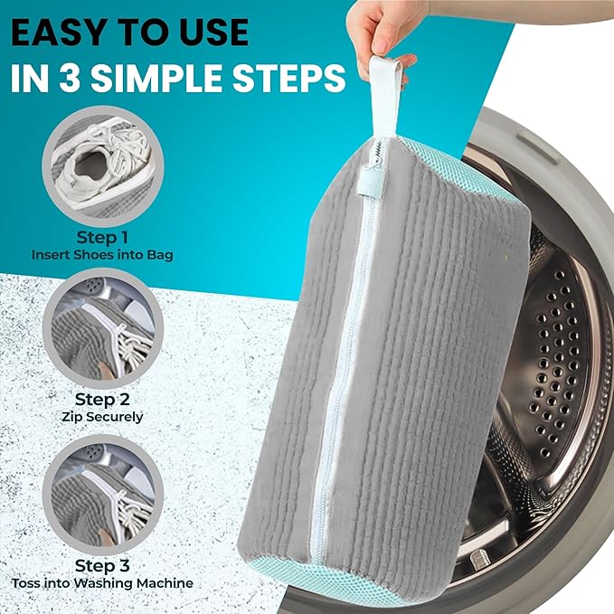 XXL Shoe Washing Machine Bag - 2 Pcs Set - 360° Resuable Shoe Bag for Washing Machine and Dryer - Wrap Shoe Washing Bag for Sneakers, Boots & Delicate Footwear (Grey)