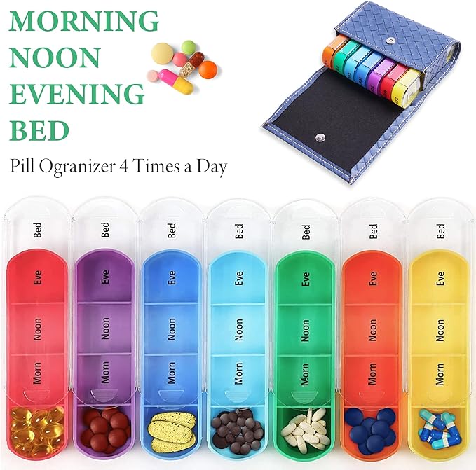 Pill Organizer,LIZIMANDU Weekly Travel Pill Case Box Medication Reminder Daily AM PM, Day Night 7 Compartments,for 4 Times A Day, 7 Days a Week-Includes Leather PU Carrying Case(1-Weave Blue)
