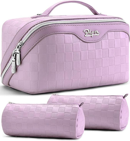 BOYATU Travel Makeup Bag Organizer Cosmetic Bag: 3 Pcs Set Make up Bags for Women with Handle - Waterproof Vegan Leather Toiletry Bags Travel Essentials Pouch with Compartments (02-Purple)