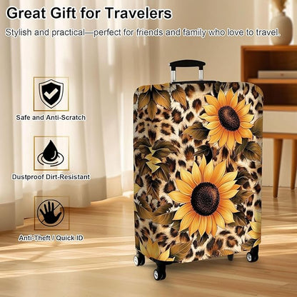 Luggage Cover Protector for 30-32 Inch Suitcases, TSA Approved Elastic Travel Suitcase Covers, Anti-Scratch Washable Luggage Sleeve for Carry On & Checked Bags, Leopard Sunflower