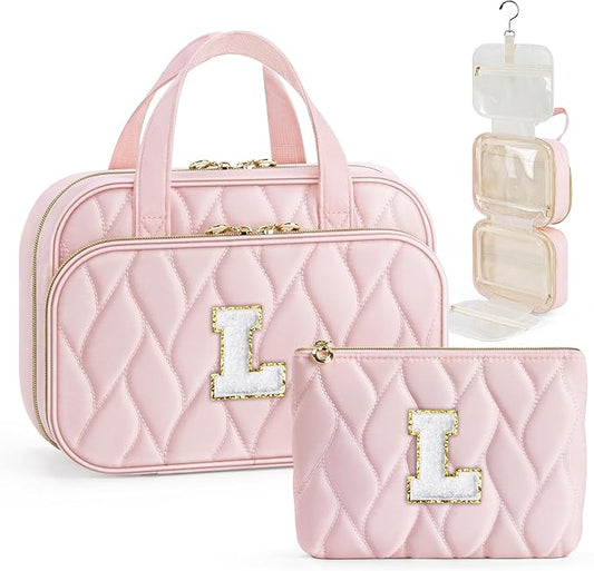 YOOLIFE Toiletry Bag Initial Makeup Bag for Women - Birthday Gifts for Women Teen Girl Gifts Trendy Stuff - Letter L Pink
